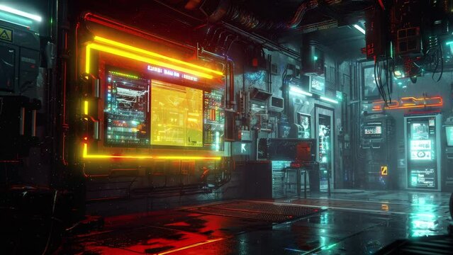 cyberpunk store with orange neon, Amidst the mechanical complexity lies elegance it&rsquo;s where engineering meets art in perfect harmony. cyberpunk store, Seamless loop animation render