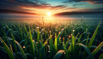 Misty sunrise over a lush field with dew on grass, glistening droplets reflecting the golden sunlight, a serene and refreshing start to the day.Landscape concept.AI generated. - obrazy, fototapety, plakaty