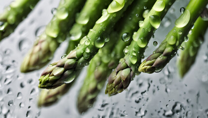 Asparagus Spray: Studio Shot of Fresh Vegetable - Horizontal Image Showing Motion and Creativity in Food Preparation - Green Asparagus with Water Drops on Abstract Background