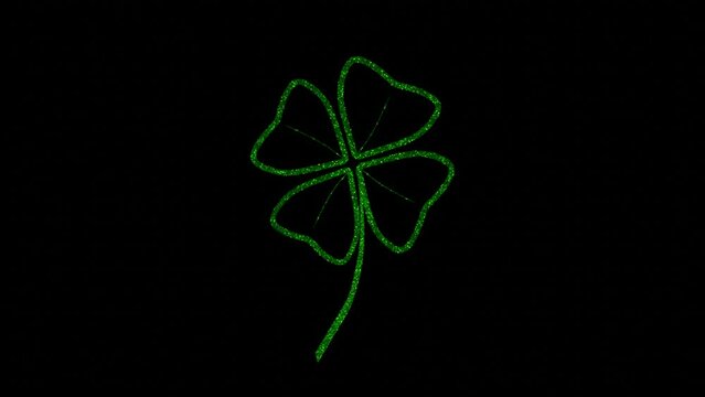 Decorative animation title with glitter lucky symbol. Animation of golden four leaf clover on black. Full HD Video motion graphic 