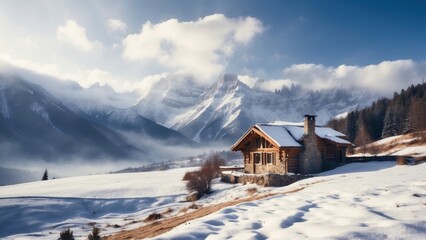 Majestic mountain range, covered with a layer of snow, beautiful and lonely cottage located in the valley