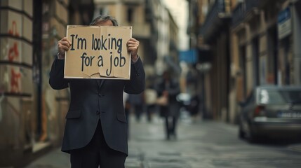 a man in a suit holds a sign that says "I'm looking for a job", suitable for a banner with an employee recruitment concept or depicting the difficulty of finding a job