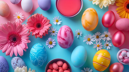 Fototapeta na wymiar Vibrant Easter Decorations: Colorful Knolling of Eggs and Other Festive Items