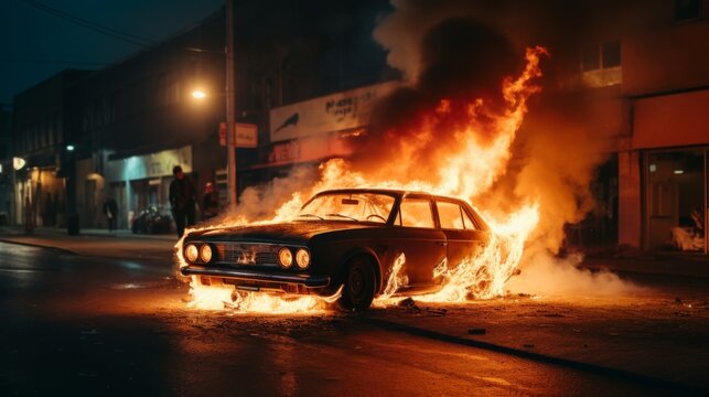 A car is on fire on a city street. Street disturbances, damage to private property, fire hazard.