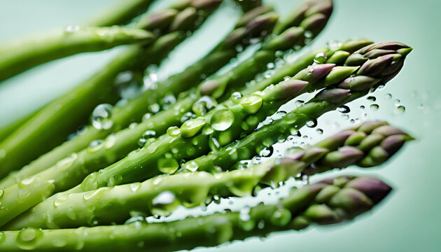 Colorful Asparagus Bundle: Close-Up Studio Shot - Vertical Image Reflecting Freshness and Abundance in Healthy Eating - Green Asparagus with Water Drops on Abstract Background