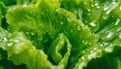Vibrant Vegetable Close-Up: Fresh Lettuce Leaves with Dew Drops - Detailed Texture and Vibrant Colors Enhancing the Taste and Nutritional Value of Vegan Salads - Green Leaf with Drops