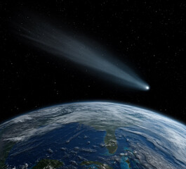 Comet, asteroid, meteorite flying to the planet Earth.  Glowing asteroid and tail of a falling comet threatening the safety of the Earth.  Elements of this image furnished by NASA.