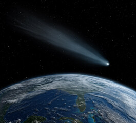 Comet, asteroid, meteorite flying to the planet Earth.  Glowing asteroid and tail of a falling comet threatening the safety of the Earth.  Elements of this image furnished by NASA. © Tryfonov