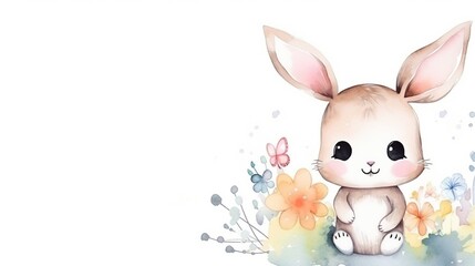 Obraz na płótnie Canvas A heartwarming watercolor illustration of a bunny surrounded by spring flowers and a fluttering butterfly, perfect for seasonal decorations, children's books