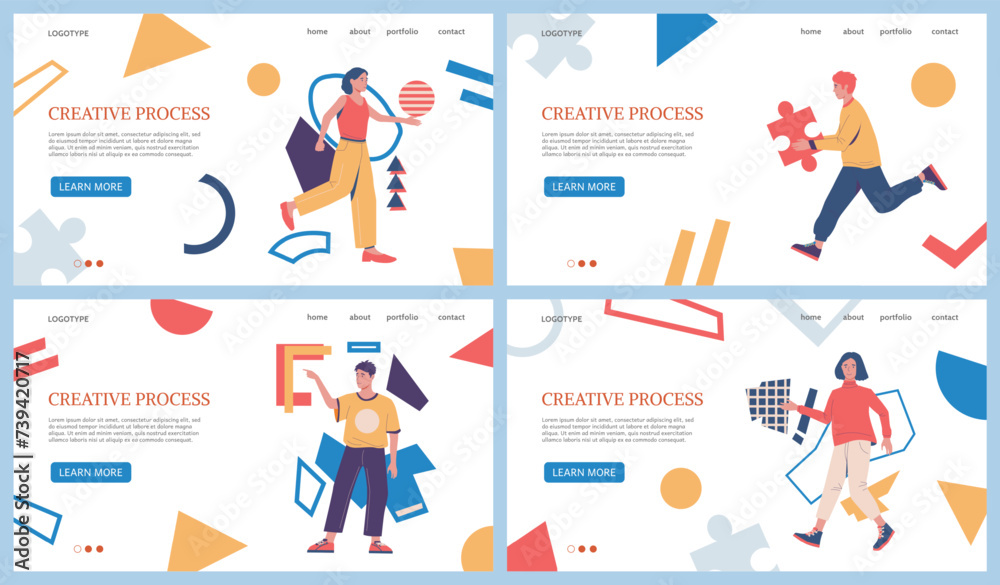 Aufkleber Creative process landing page. People with puzzle and geometric shapes. Website design template. Brainstorm and innovation idea. Business solution. Work creativity. Vector background