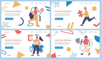 Creative process landing page. People with puzzle and geometric shapes. Website design template. Brainstorm and innovation idea. Business solution. Work creativity. Vector background