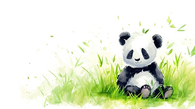 A cute panda sitting in lush grass is depicted in this watercolor illustration, symbolizing peace and conservation. Suitable for eco-friendly and wildlife awareness campaigns