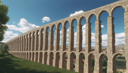 Beautiful view of Roman aqueduct in Segovia, Castilla y Leon, Spain. Generative AI