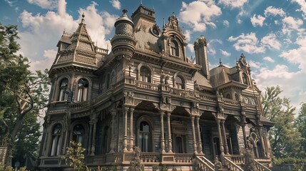 Fototapeta premium A grand Victorian mansion with intricate woodwork and multiple turrets stands amidst lush greenery under a partly cloudy sky.