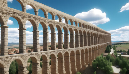 Fototapeta premium Beautiful view of Roman aqueduct of Segovia, Castillay Leon, Spain. Generative AI