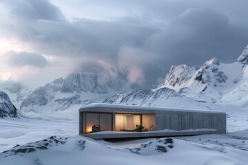 Modular home on a snowy mountain warmth and efficiency against a stark landscape
