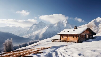 Majestic mountain range, covered with a layer of snow, beautiful and lonely cottage located in the valley