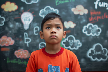 Fictional little boy looking up and thinking during an English lesson at school standing in front of a chalkboard. Concept of education and issues with attention.  - obrazy, fototapety, plakaty