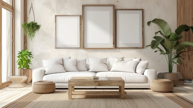 modern white and beige living room with empty frames hanging on the wall. wallpaper background