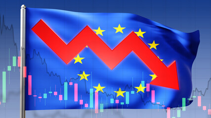 Fototapeta premium Economic crisis European union. EU flag with downward arrow. Crisis economic growth rates in European countries. Collapse of financial system of European alliance. Financial crisis chart. 3d image