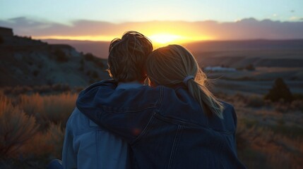 Peaceful sunrise viewing a woman resting her head on a mans shoulder daybreaks first light