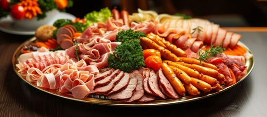 Delicious plate of assorted grilled meats and fresh colorful vegetables on a rustic wooden table