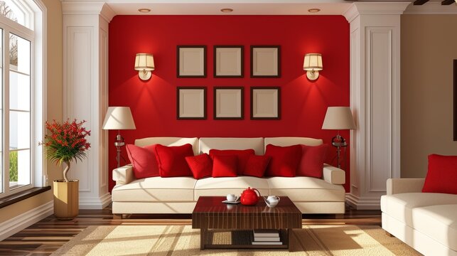 modern white and red living room with empty frames hanging on the wall. wallpaper background