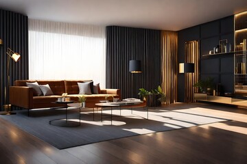 Fototapeta premium Modern interior design of a living room in an apartment bright modern interior details and background of dark classic walls
