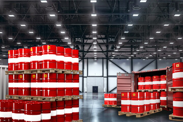 Oil barrels in industrial hangar. Chemical products warehouse. Industrial building with cargo containers. Crude oil in red barrels. Fuel in factory storage area. Petroleum warehouse. 3d image