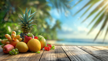 fresh fruits on a wooden table at the beach with copy space. summertime concept
