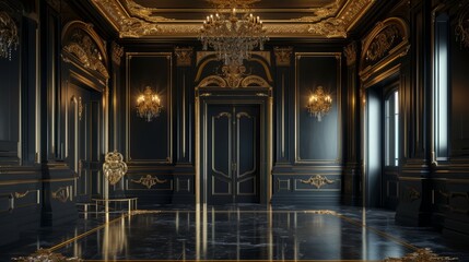 interior of a modern building living room in black and golden colors. mouldings walls wallpaper background - obrazy, fototapety, plakaty