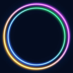 Vector 3d render, circle glowing in the dark, pink blue neon light, illuminate frame design. Abstract cosmic vibrant color backdrop. Glowing neon light. Neon frame with rounded corners.