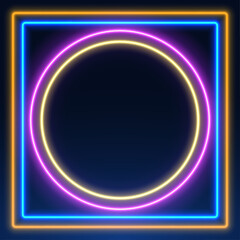 Vector 3d render, square glowing in the dark, pink blue neon light, illuminate frame design. Abstract cosmic vibrant color backdrop. Glowing neon light. Neon frame with rounded corners.