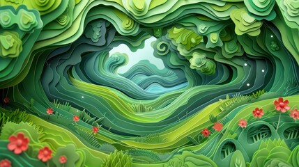 Spring landscapes come to life in surreal 3D papercuts, featuring swirling vortexes and minimalist elements inspired by cartoons.