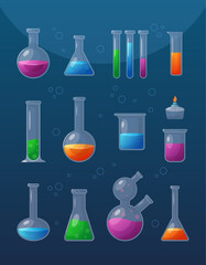 Chemical Laboratory equipment. Vector set of glassware with chemical reagents. Glass flasks with physics reaction, vials and test tubes, burner, lab cylinder beakers. Chemical scientific experiments