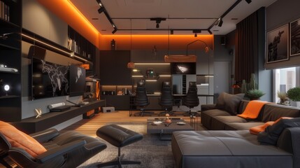 interior of a modern grey and orange gaming room in a house