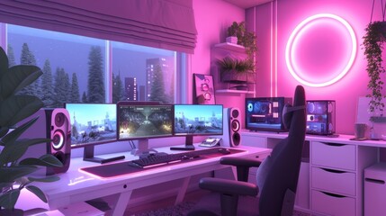 interior of a modern neon pink gaming room in a house