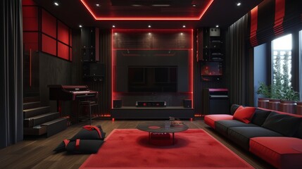 interior of a modern black and red gaming room in a house