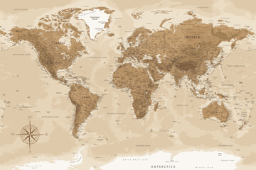 World Map - Highly Detailed Vector Map of the World. Ideally for the Print Posters. Dark Golden Beige Retro Style - obrazy, fototapety, plakaty