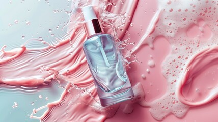 A glass perfume bottle floating on pink and blue glass surface - obrazy, fototapety, plakaty
