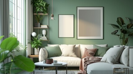 modern living room with sofa in green and white colors