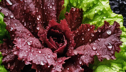 Vibrant Lettuce Harvest: Close-Up Shot of Fresh Salad Leaves - Illustrating Healthy Eating, Farming, and Nutritional Richness in Vegetarian Cuisine - Close up of Red Lettuce