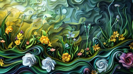 Spring landscapes come to life in surreal 3D papercuts, featuring swirling vortexes and minimalist elements inspired by cartoons.