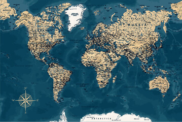 World Map - Highly Detailed Vector Map of the World. Ideally for the Print Posters. Dark Blue Golden Beige Retro Style. With Relief and Depth - obrazy, fototapety, plakaty