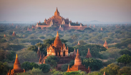 Panorama of Bagan temples and pagodas at sunrise, Myanmar. Generative AI