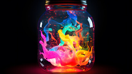 3d illustration of glass jar with magic light inside on black background