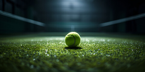 Tennis ball rolling towards the net on court 
Close up of tennis ball on clay court. Tennis ball.  - obrazy, fototapety, plakaty