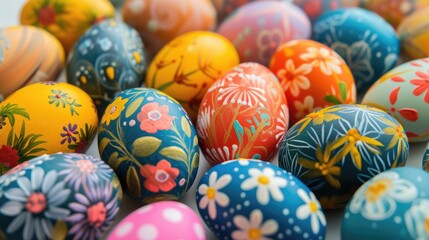Fototapeta na wymiar The vibrant colors of painted Easter eggs stand out against the lush greenery and blooming flowers, creating a jubilant and festive display.