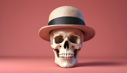 Skull in hat and bowler on pink background. 3d illustration. Generative AI