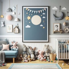 Children's room interior with toys. 3d rendering, 3d illustration. - obrazy, fototapety, plakaty